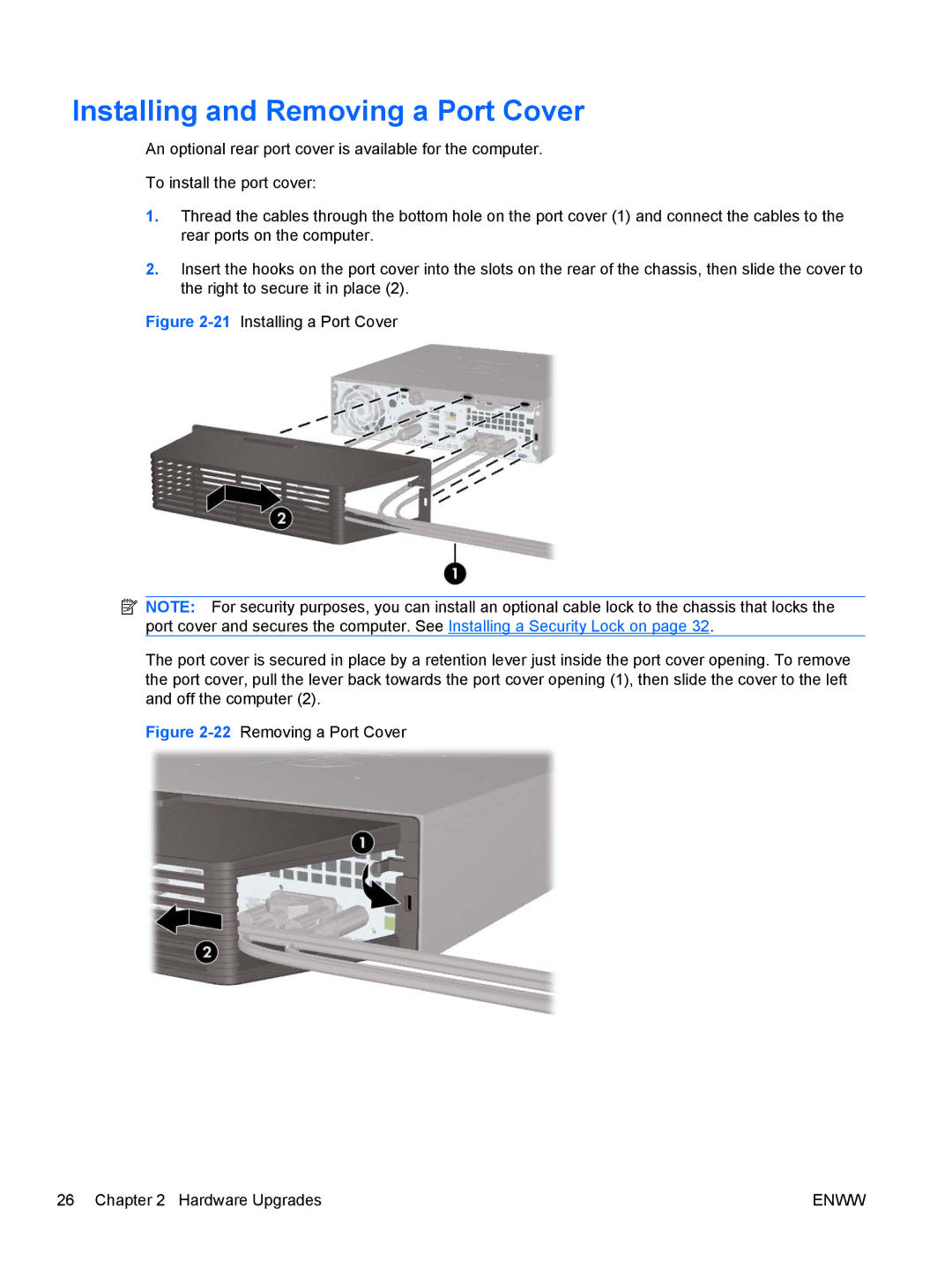 HP 6005 Pro manual Installing and Removing a Port Cover, 22Removing a Port Cover Hardware Upgrades 