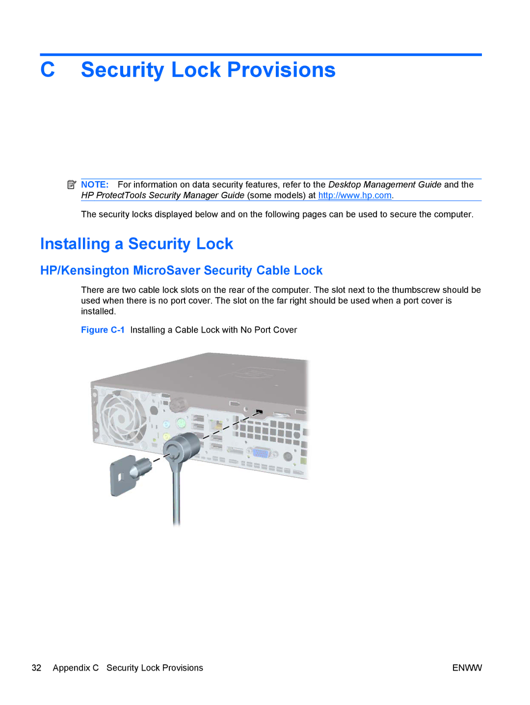 HP 6005 Pro manual Security Lock Provisions, Installing a Security Lock, HP/Kensington MicroSaver Security Cable Lock 