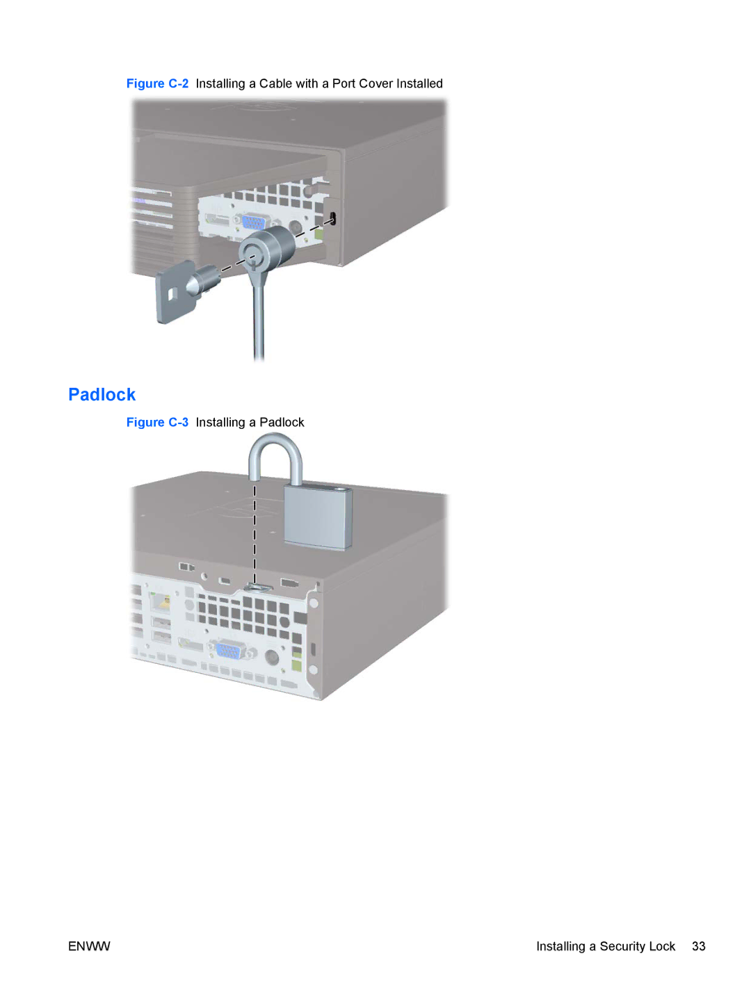 HP 6005 Pro manual Padlock, Figure C-2Installing a Cable with a Port Cover Installed 