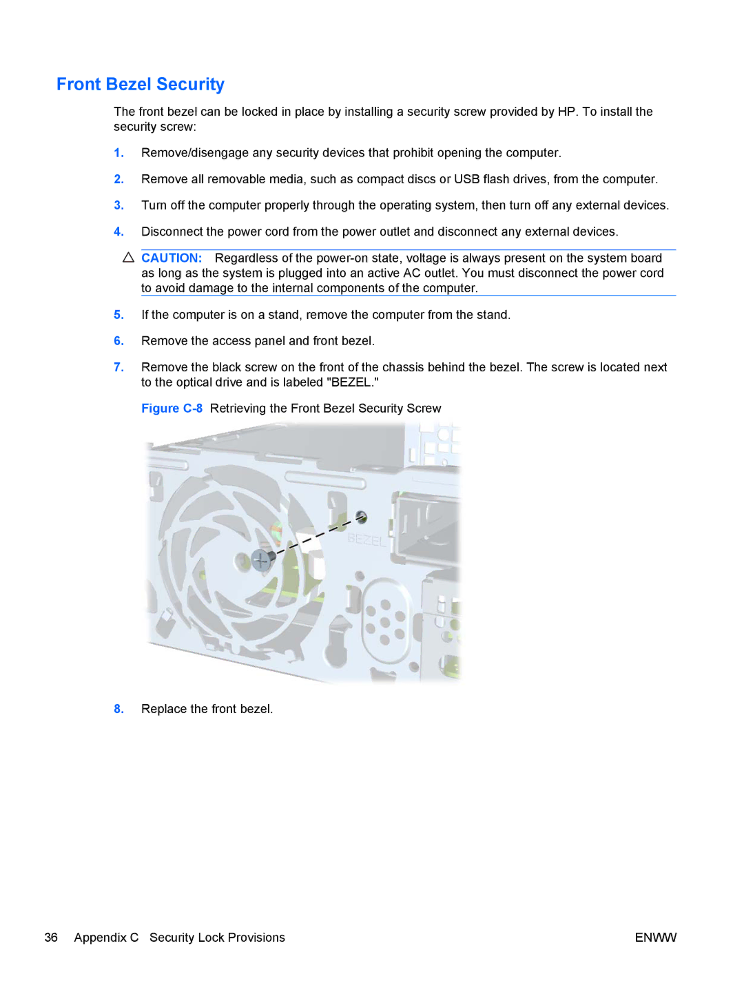 HP 6005 Pro manual Front Bezel Security 