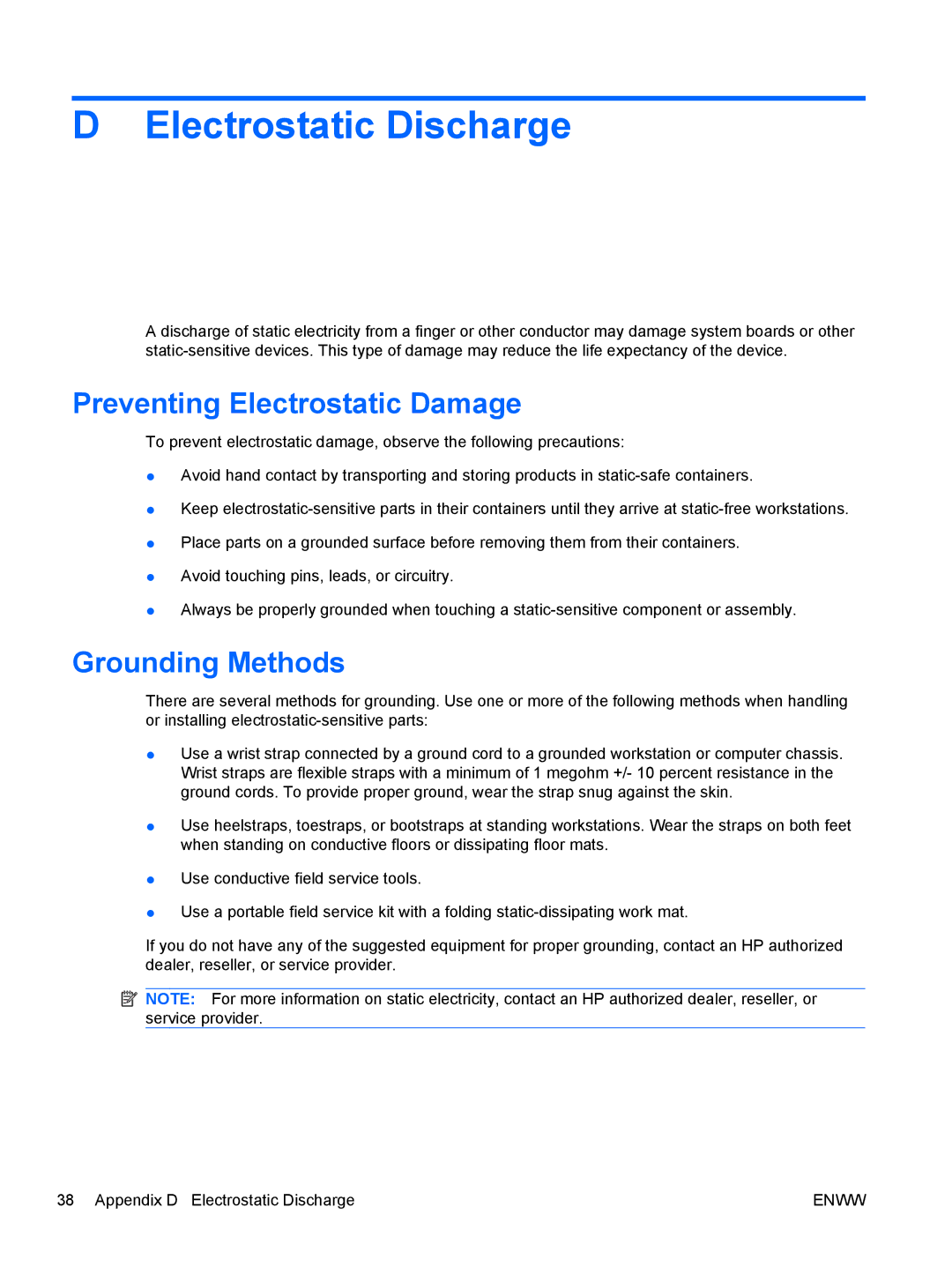 HP 6005 Pro manual Electrostatic Discharge, Preventing Electrostatic Damage, Grounding Methods 