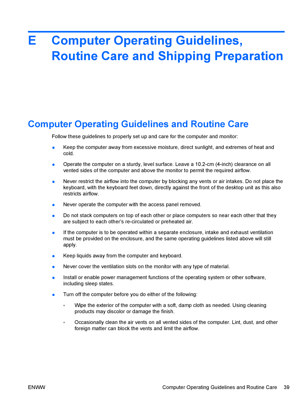 HP 6005 Pro manual Computer Operating Guidelines and Routine Care 