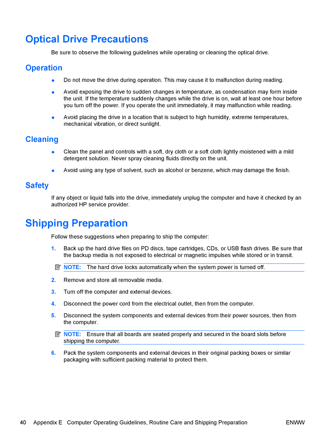 HP 6005 Pro manual Optical Drive Precautions, Shipping Preparation, Operation, Cleaning, Safety 