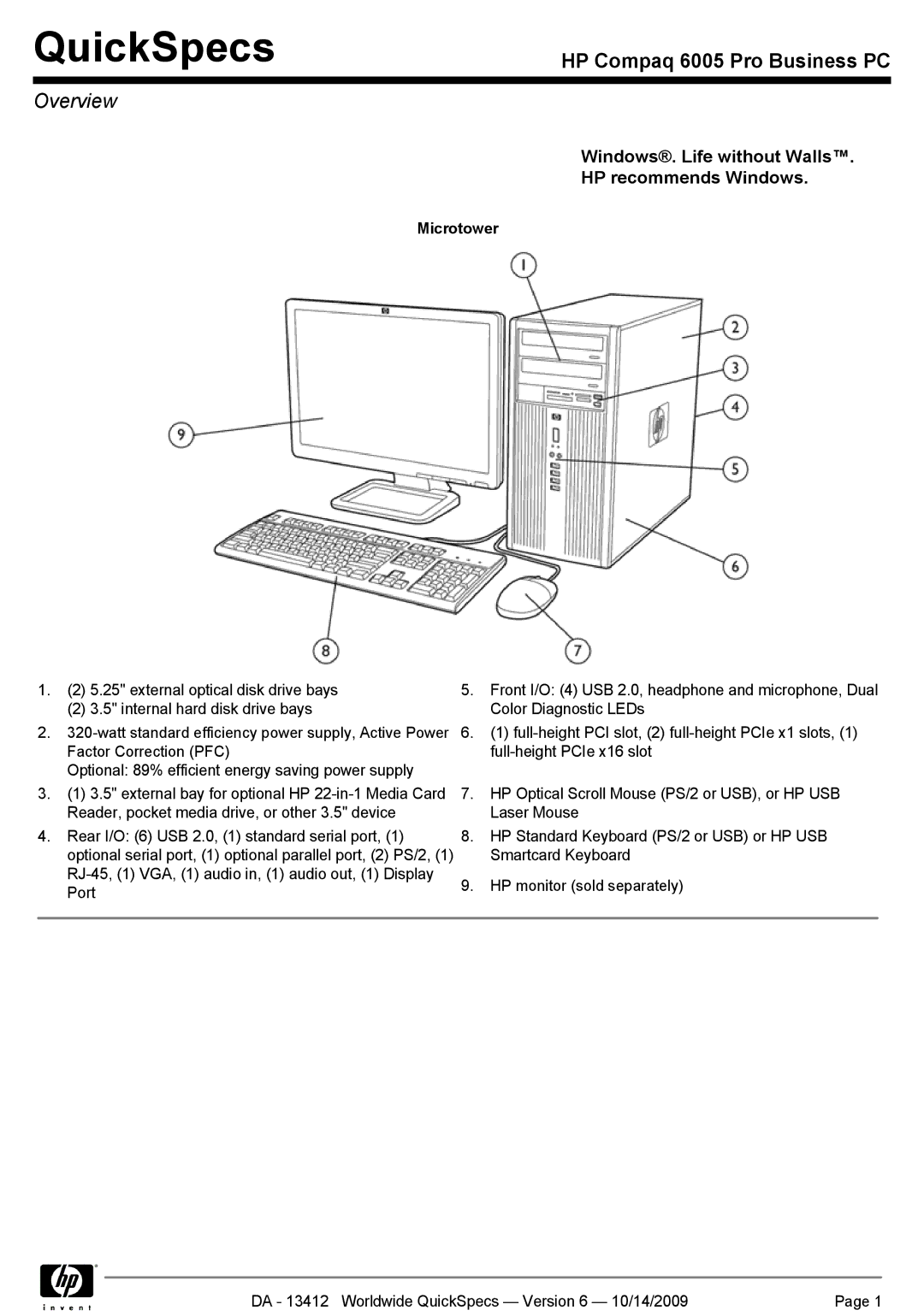 HP 6005 manual Overview, Microtower 