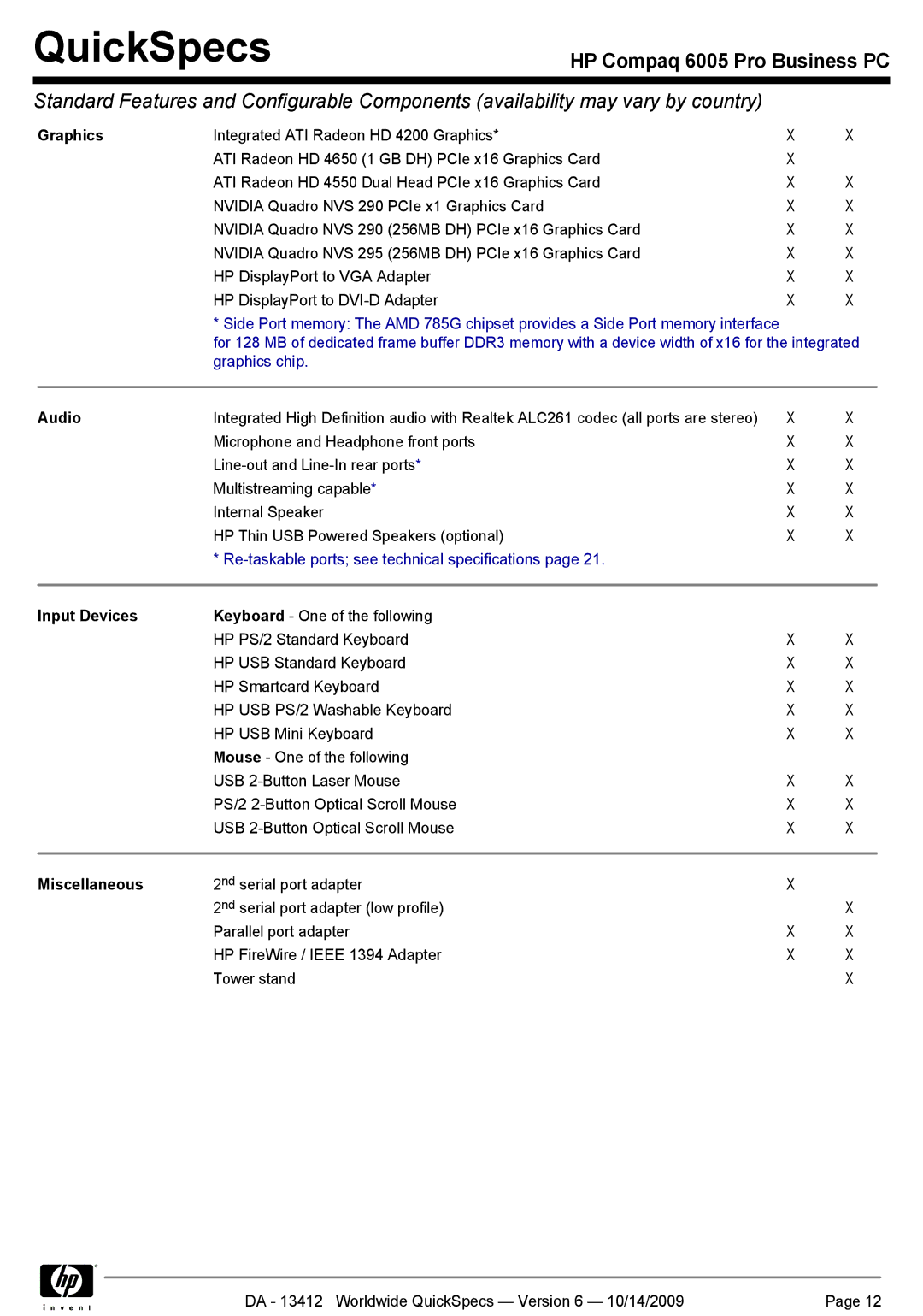 HP 6005 manual Graphics, Audio, Input Devices, Miscellaneous 