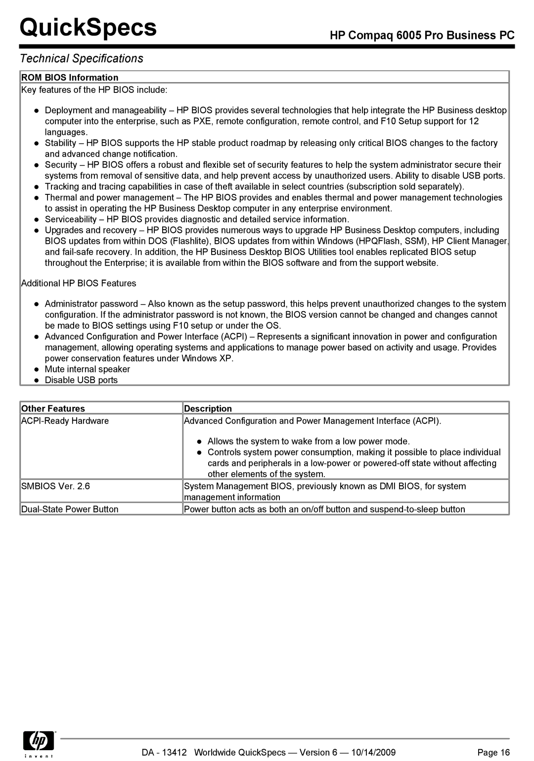 HP 6005 manual ROM Bios Information, Other Features Description 