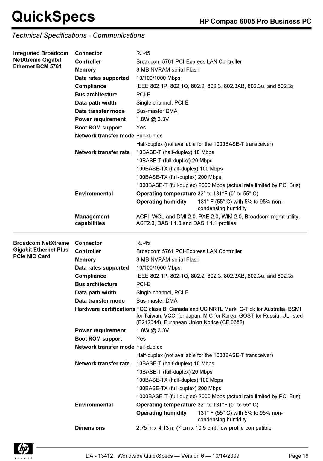 HP 6005 manual Technical Specifications Communications 