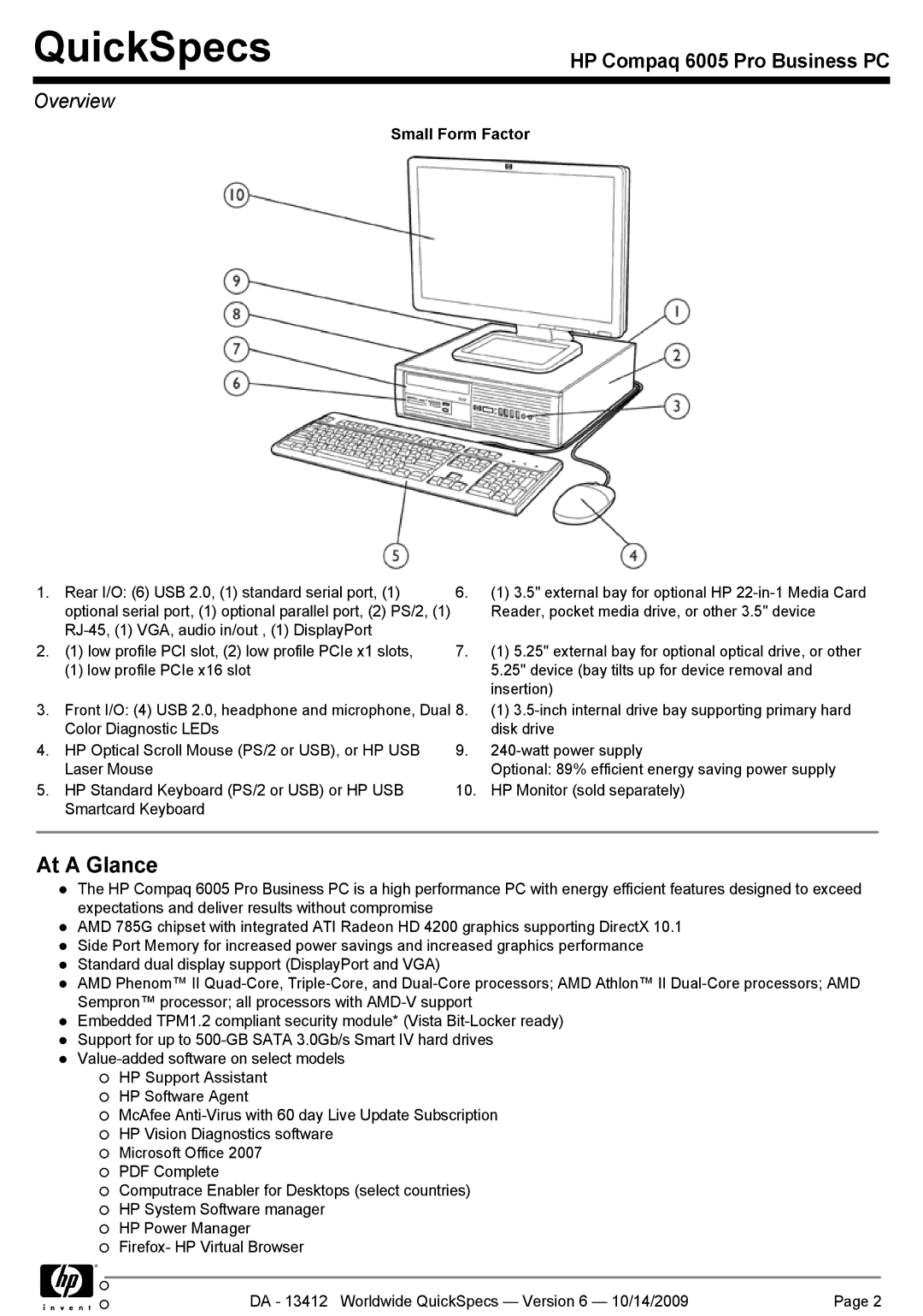 HP 6005 manual At a Glance, Small Form Factor 