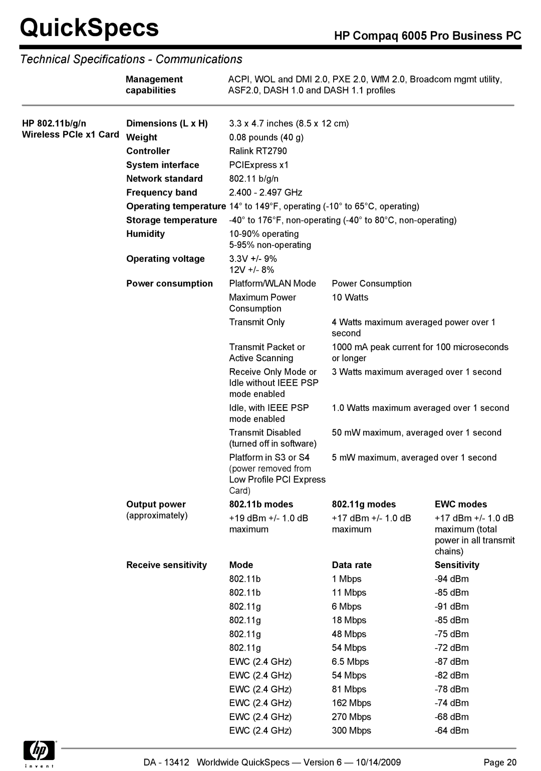 HP 6005 manual Weight, System interface, Network standard, Frequency band, Storage temperature, Humidity, Operating voltage 