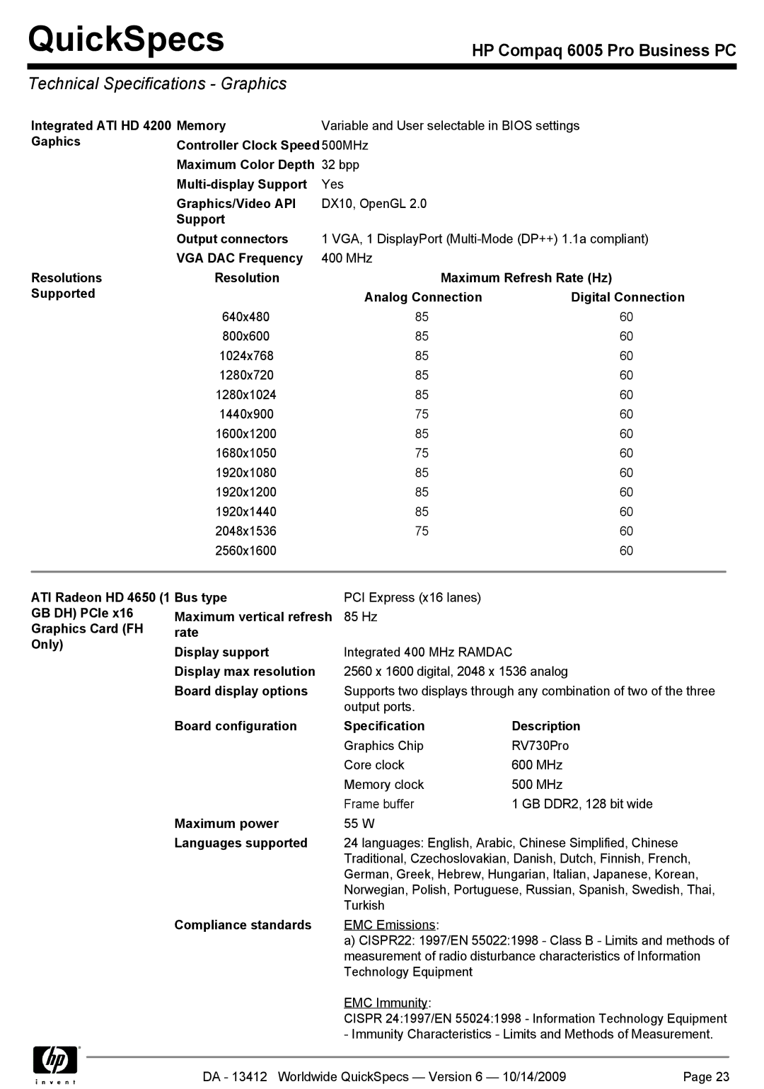 HP 6005 manual Technical Specifications Graphics 