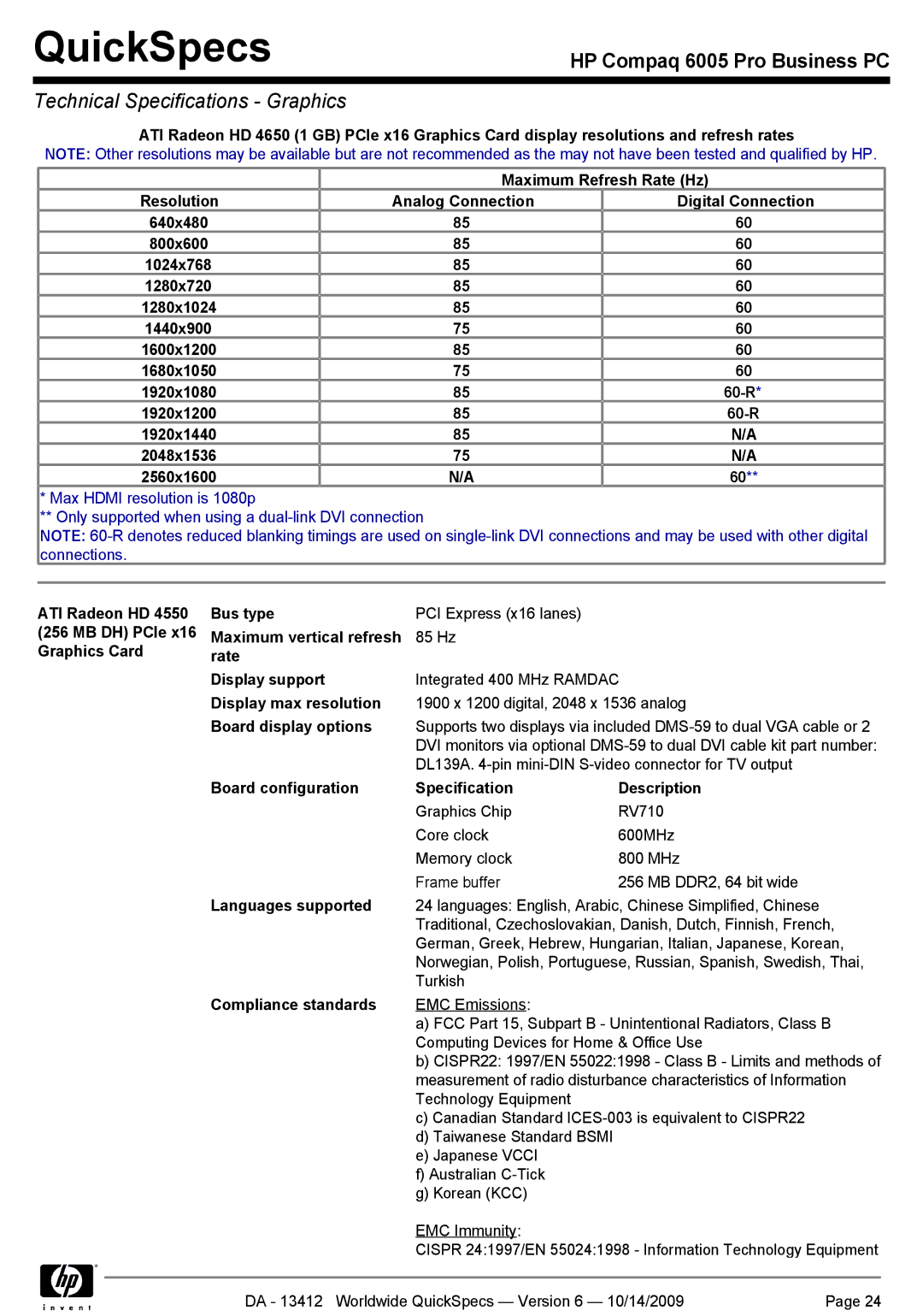HP 6005 manual ATI Radeon HD MB DH PCIe Graphics Card Bus type, Maximum vertical refresh, Rate Display support 