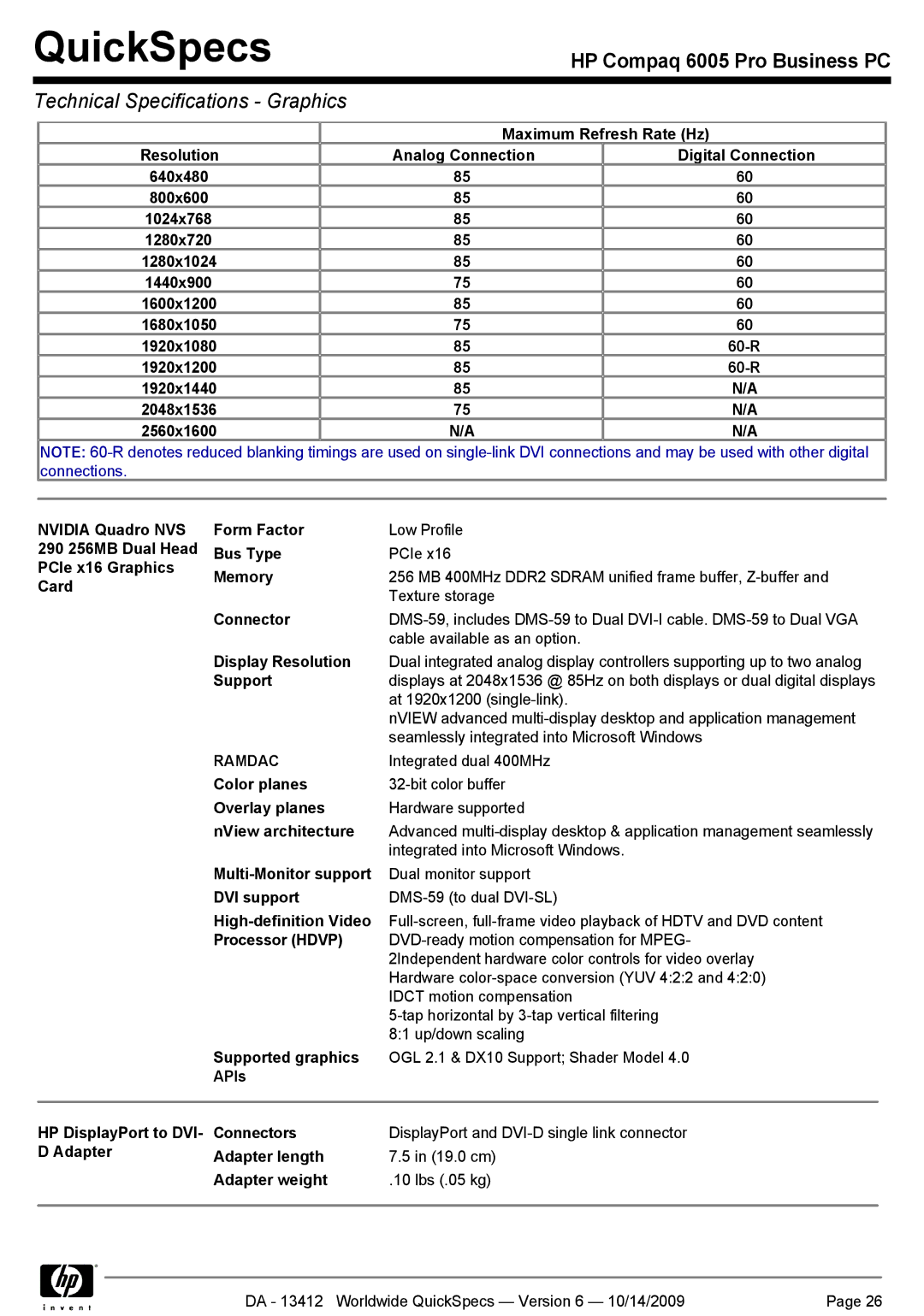 HP 6005 Display Resolution, Color planes, NView architecture, DVI support, Supported graphics, Adapter Adapter length 