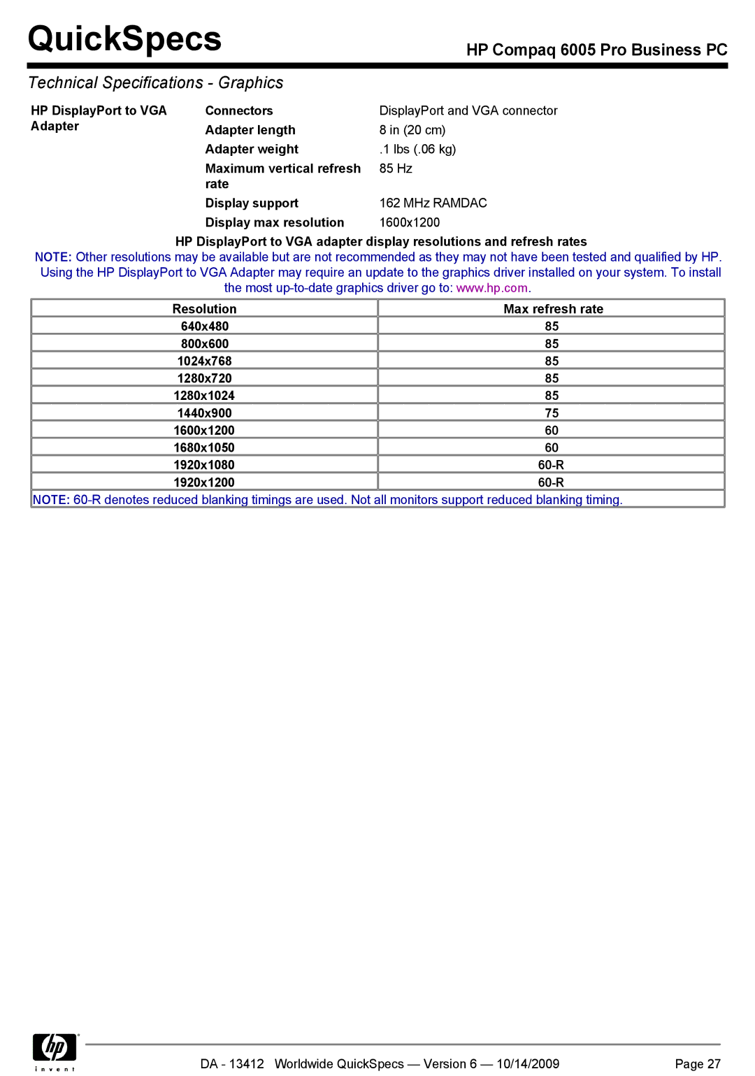 HP 6005 manual QuickSpecs 