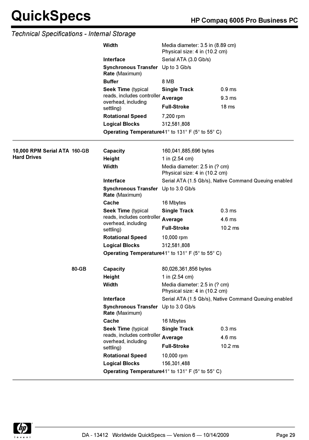 HP 6005 manual 10,000 RPM Serial ATA 160-GB Hard Drives 80-GB Capacity, Cache 