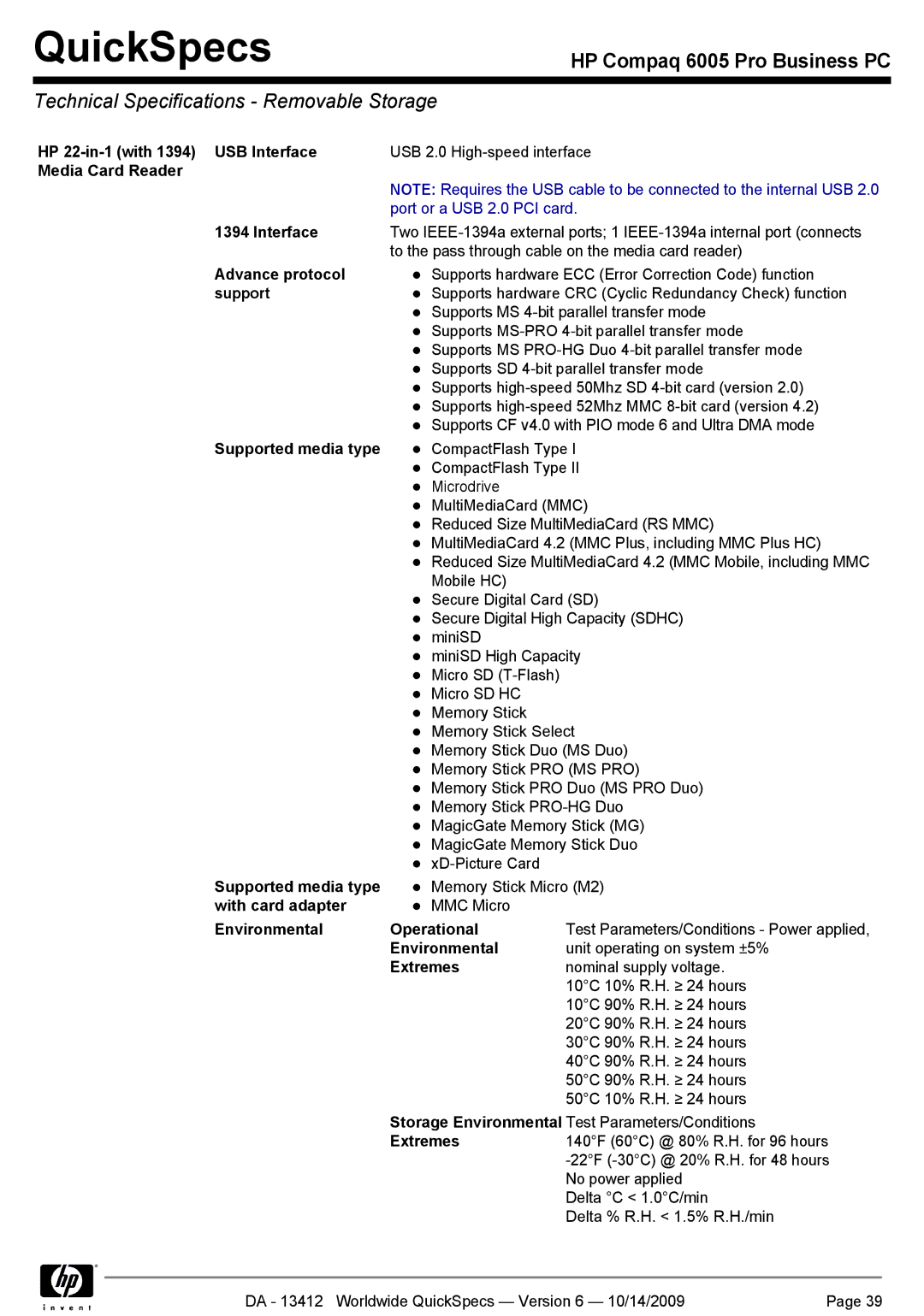 HP 6005 manual Technical Specifications Removable Storage 