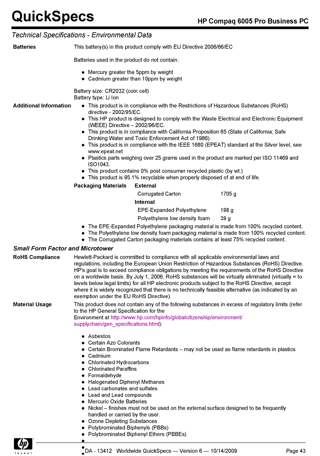 HP 6005 manual RoHS Compliance, Material Usage 