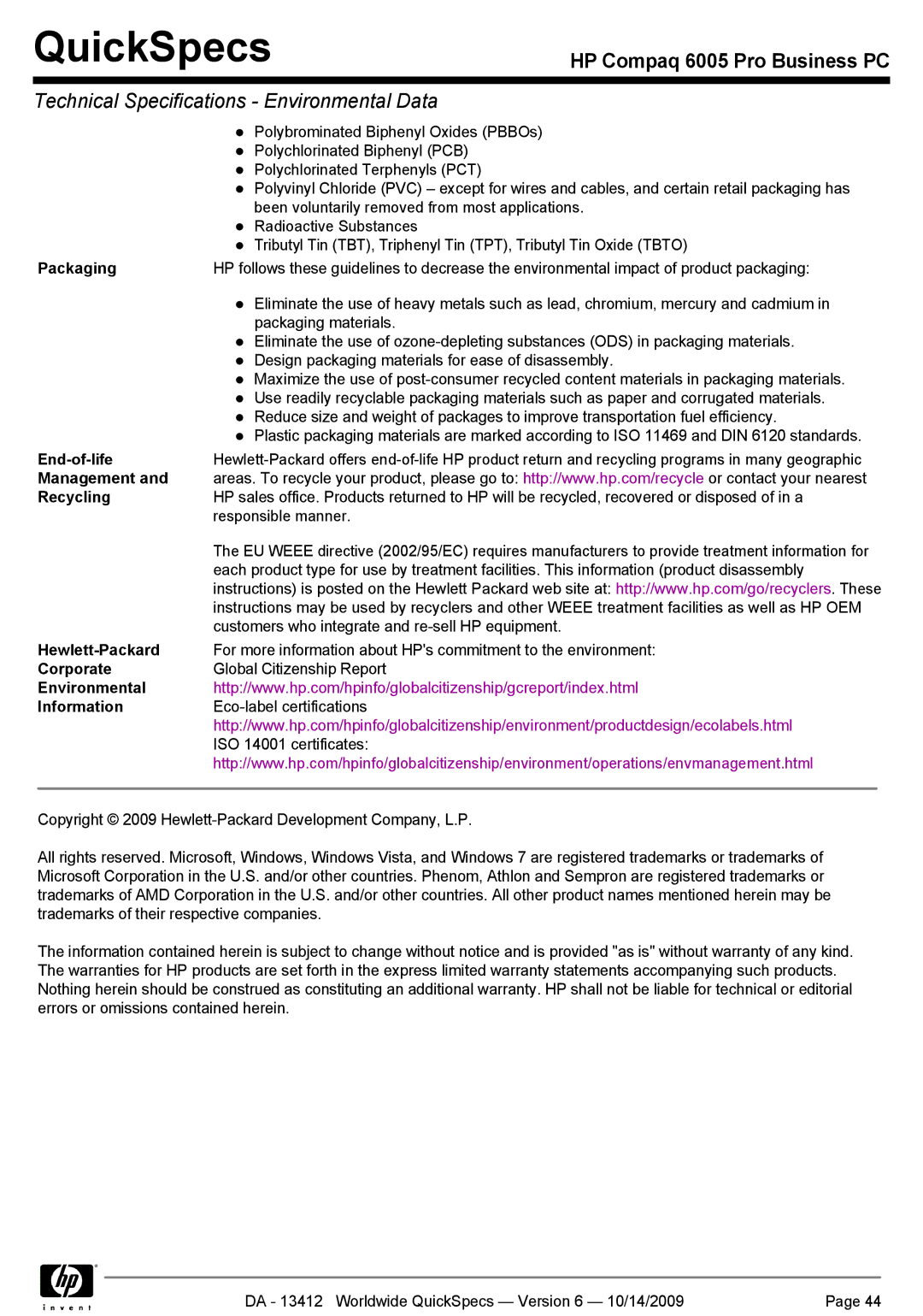 HP 6005 manual Packaging, End-of-life, Management Recycling, Hewlett-Packard, Corporate, Environmental Information 