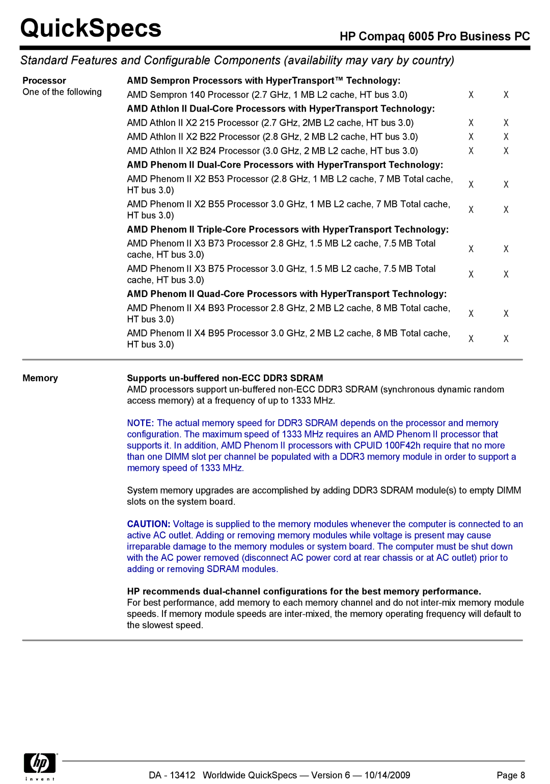 HP 6005 manual AMD Sempron Processors with HyperTransport Technology, Memory Supports un-buffered non-ECC DDR3 Sdram 