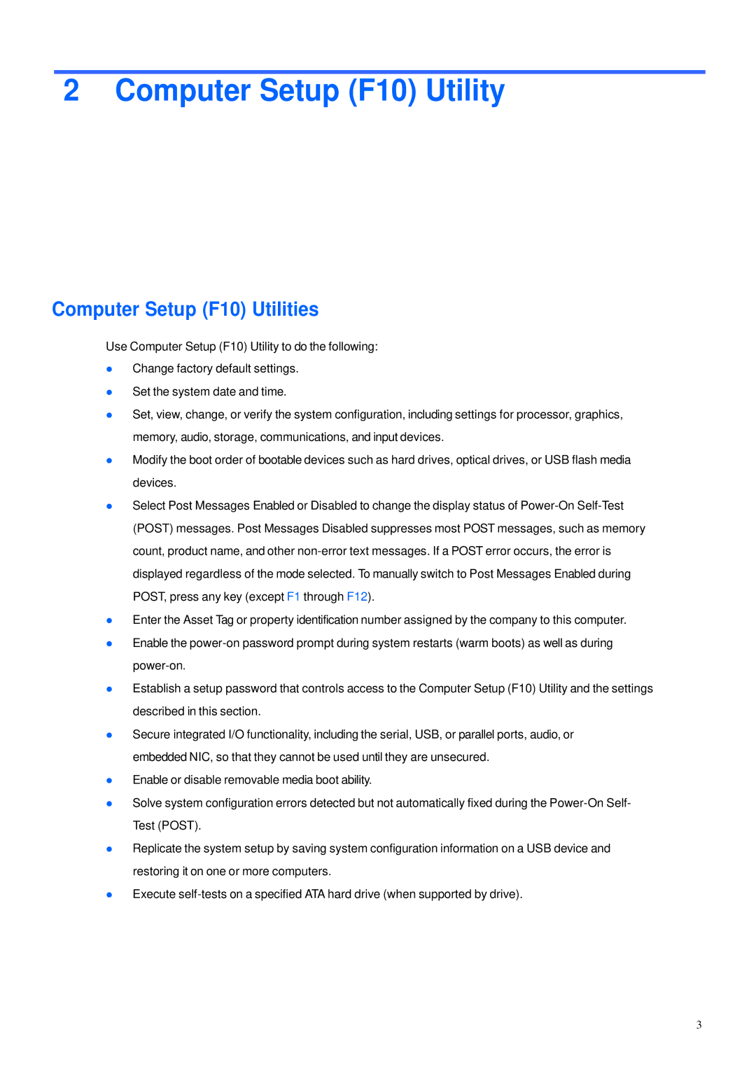 HP 600B manual Computer Setup F10 Utility, Computer Setup F10 Utilities 