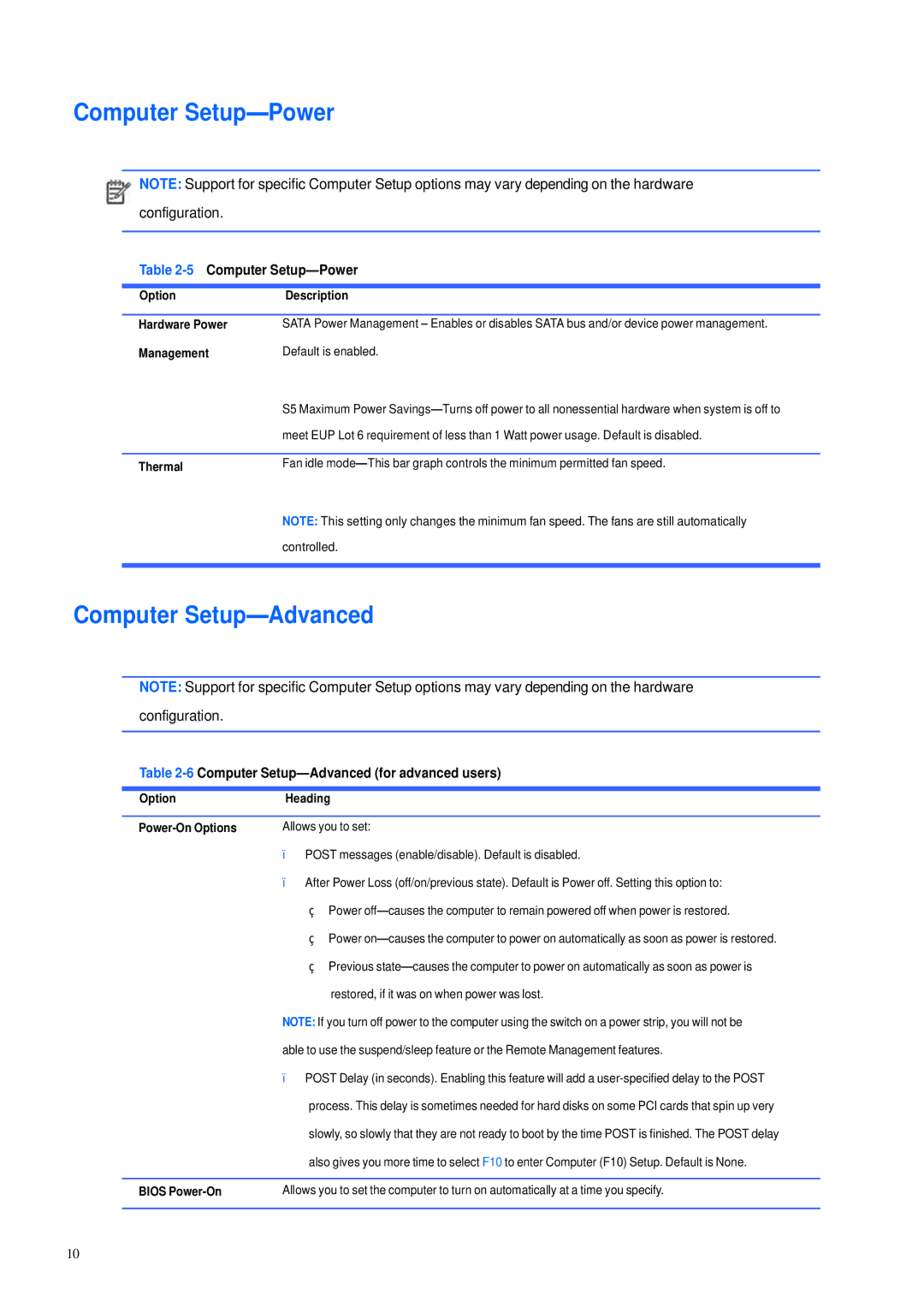 HP 600B manual 5Computer Setup-Power, 6Computer Setup-Advanced for advanced users 