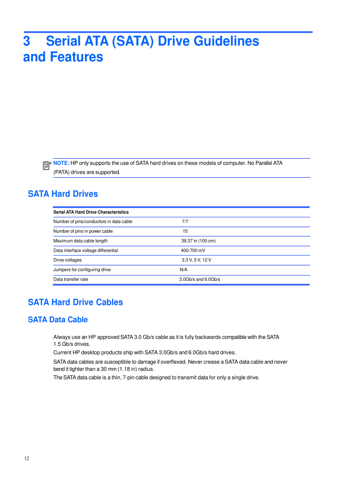 HP 600B manual Serial ATA Sata Drive Guidelines and Features, Sata Hard Drives, Sata Hard Drive Cables, Sata Data Cable 