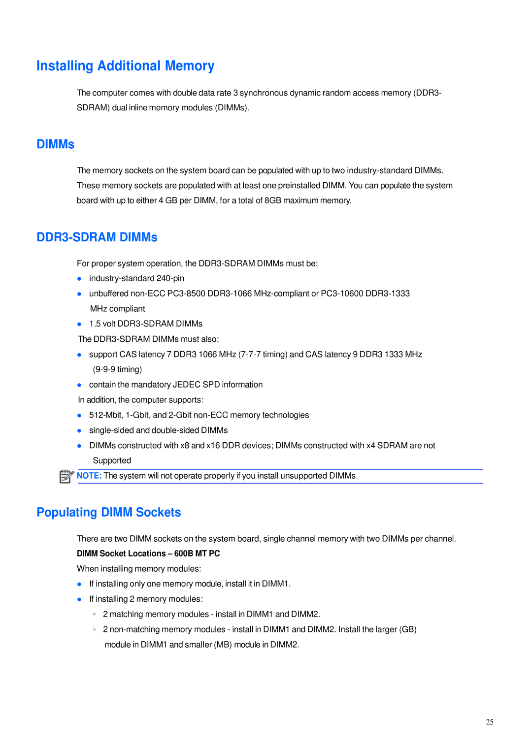 HP 600B manual Installing Additional Memory, DDR3-SDRAM DIMMs, Populating Dimm Sockets 