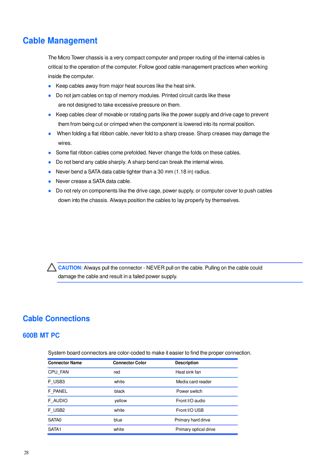 HP 600B manual Cable Management, Cable Connections, Connector Name Connector Color Description 