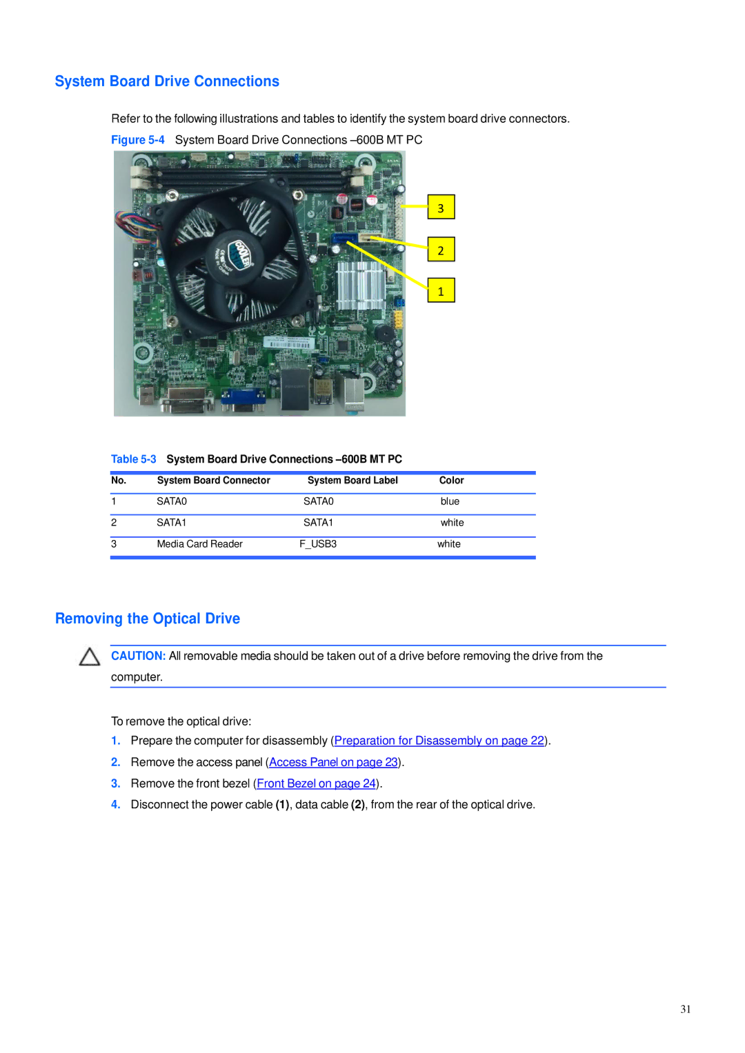 HP manual 3System Board Drive Connections -600B MT PC, System Board Connector System Board Label Color 