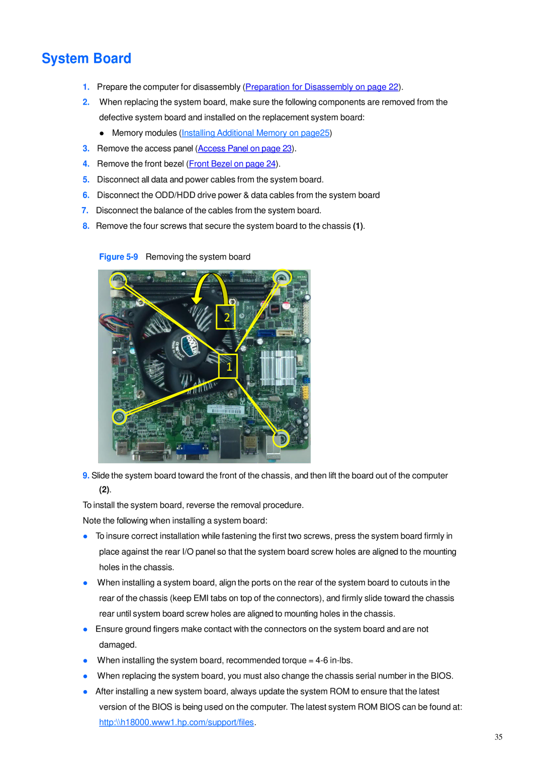 HP 600B manual System Board, Memory modules Installing Additional Memory on page25 