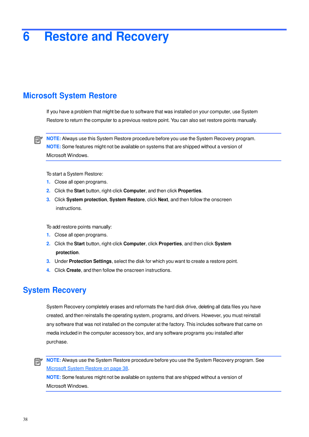 HP 600B manual Restore and Recovery, Microsoft System Restore, System Recovery 