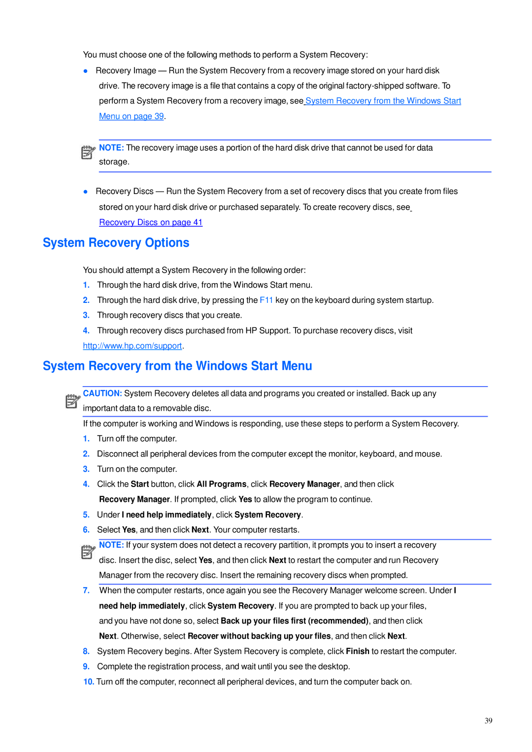 HP 600B manual System Recovery Options, System Recovery from the Windows Start Menu 