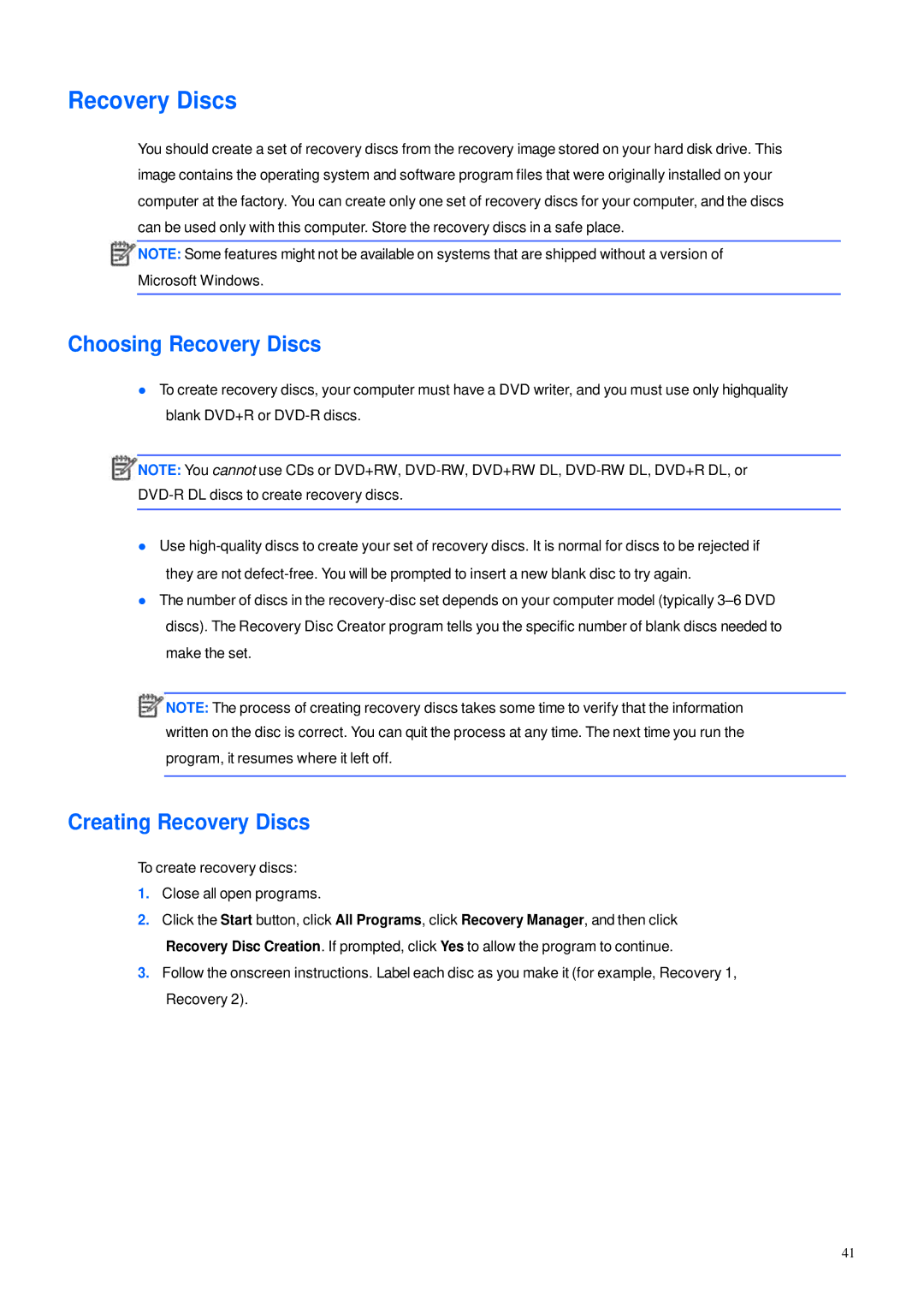 HP 600B manual Choosing Recovery Discs, Creating Recovery Discs 