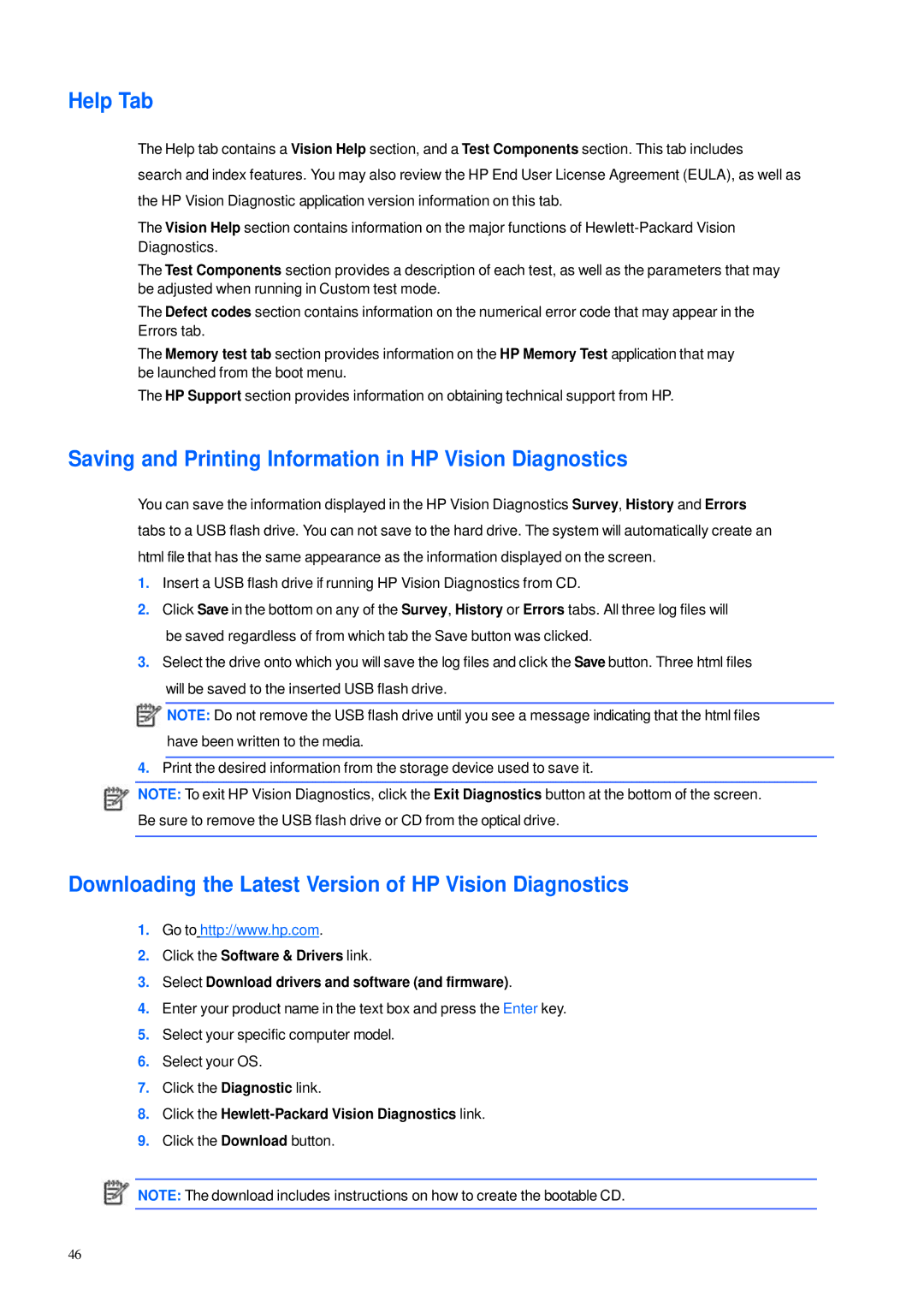 HP 600B manual Help Tab, Saving and Printing Information in HP Vision Diagnostics 