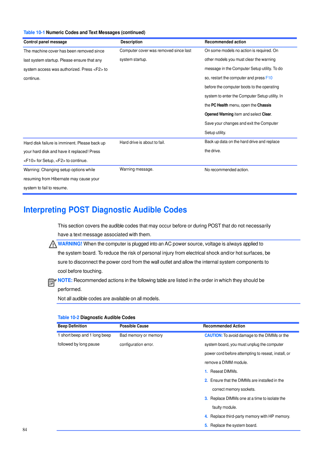 HP 600B manual Interpreting Post Diagnostic Audible Codes, 2Diagnostic Audible Codes, Opened Warning item and select Clear 