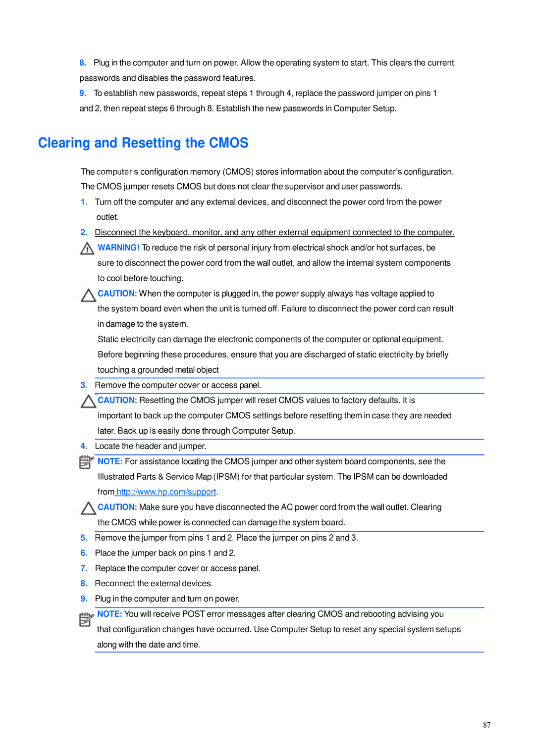 HP 600B manual Clearing and Resetting the Cmos 