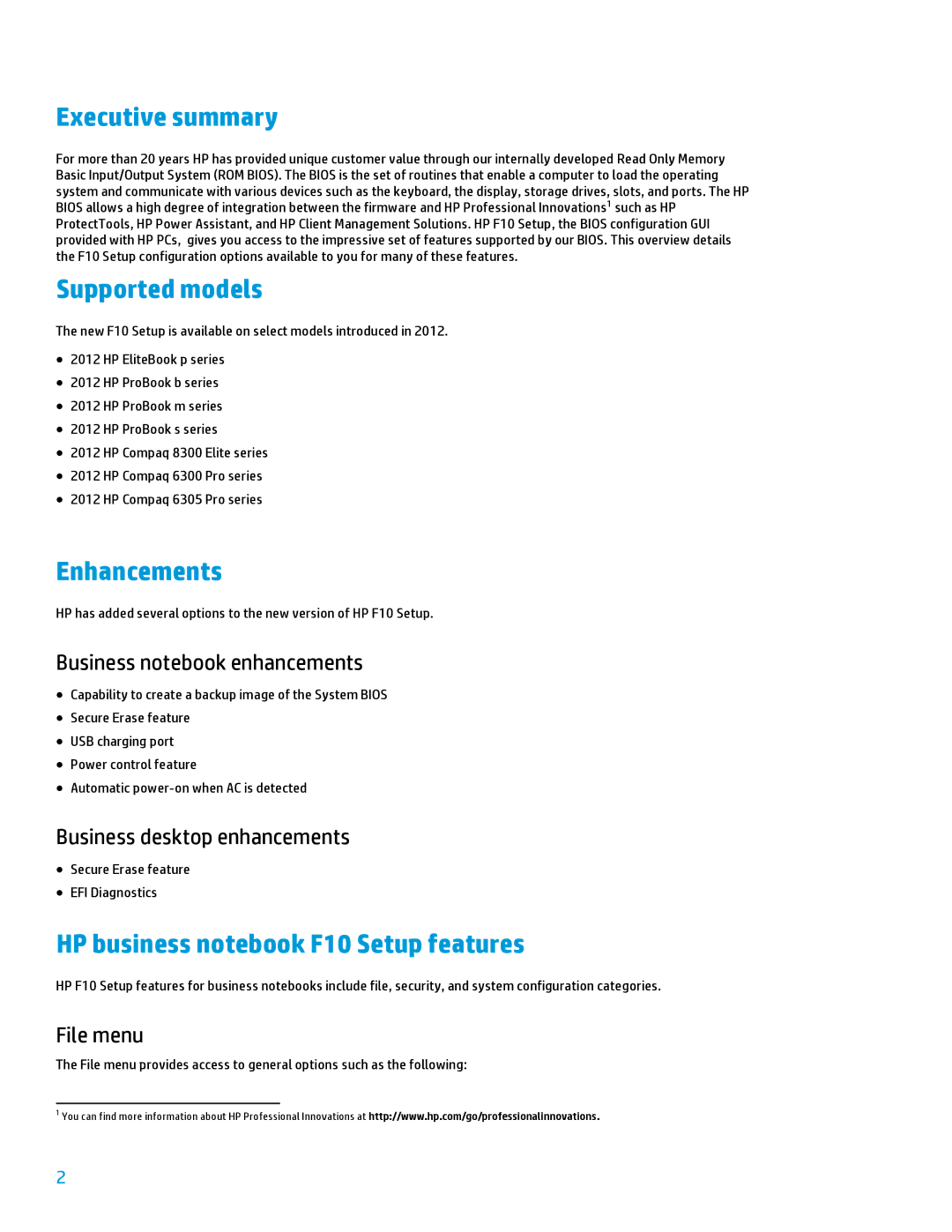 HP 600B manual Business notebook enhancements, Business desktop enhancements, File menu 