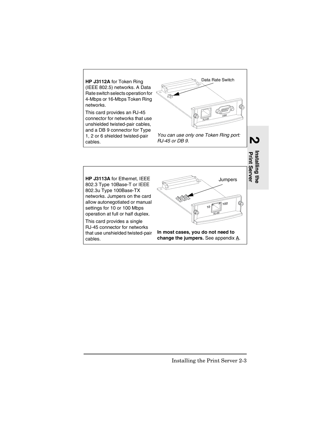 HP 600n Print Server for Fast Ethernet, 600n Print Server for Token Ring You can use only one Token Ring port RJ-45 or DB 