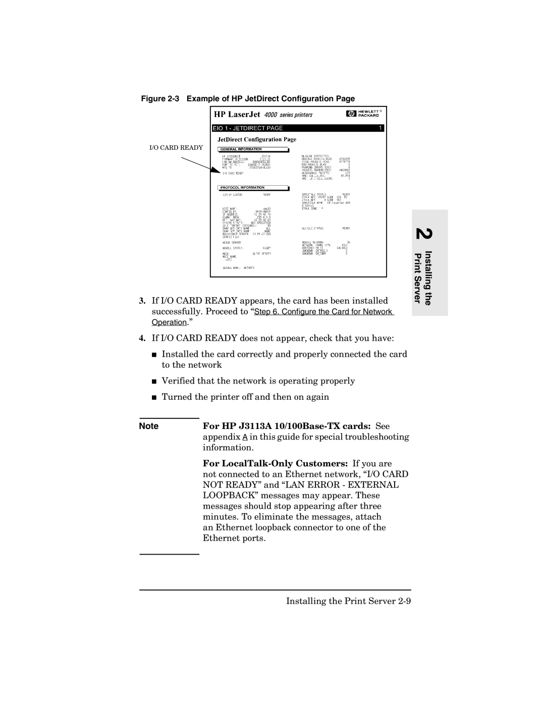 HP 600n Print Server for Ethernet manual For HP J3113A 10/100Base-TX cards See, For LocalTalk-Only Customers If you are 