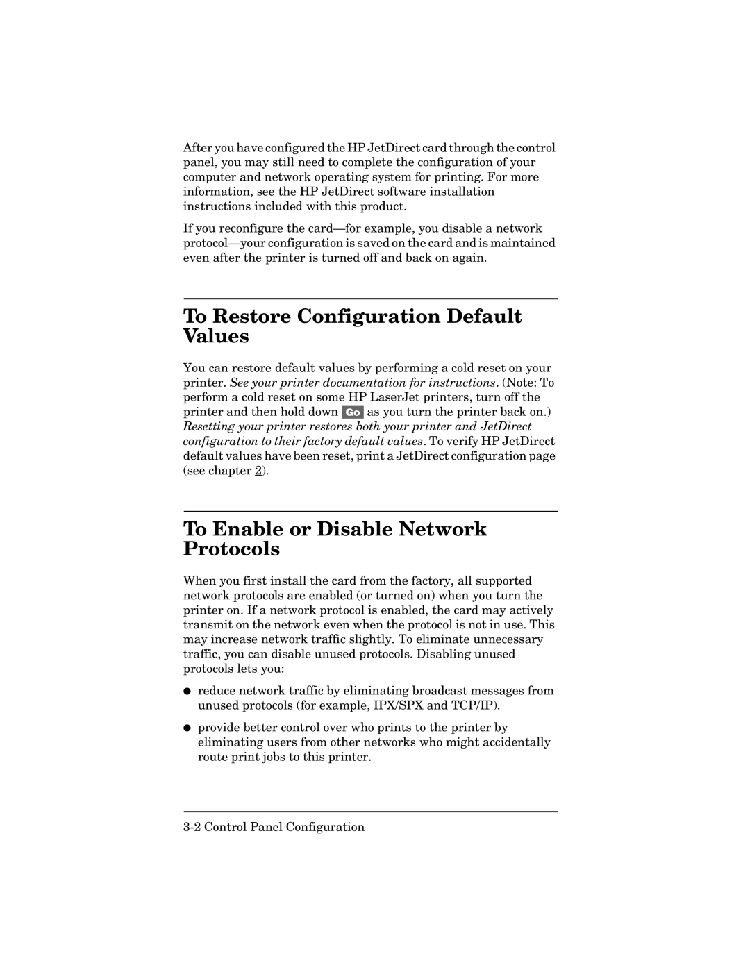 HP 600n Print Server for Token Ring manual To Restore Configuration Default Values, To Enable or Disable Network Protocols 