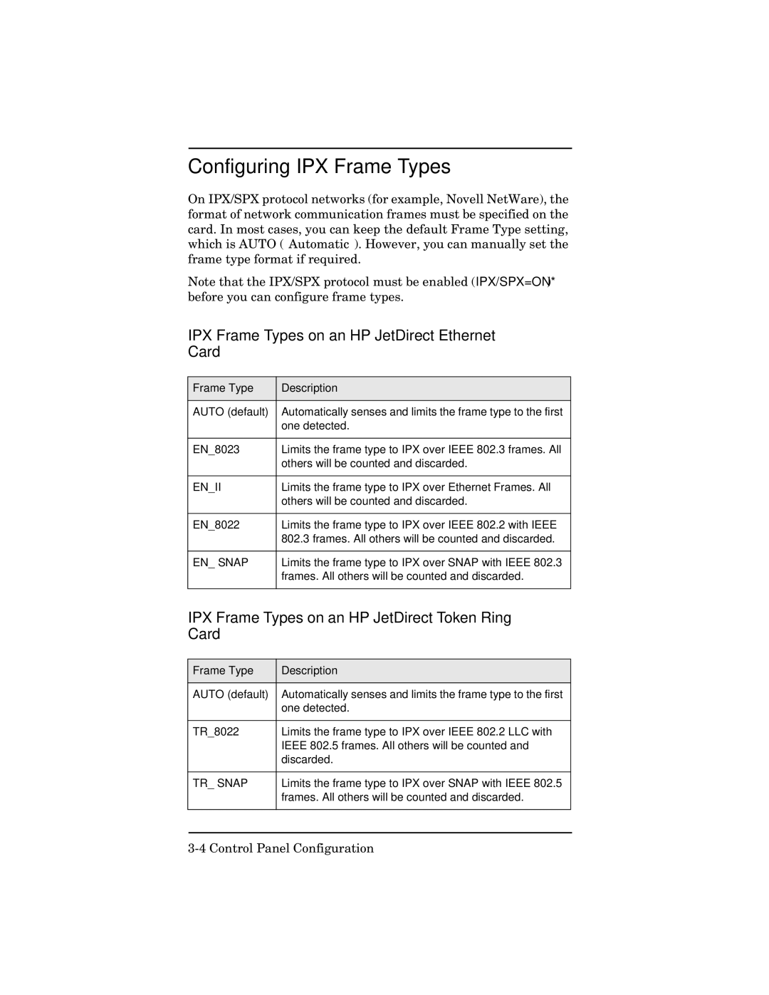 HP 600n Print Server Ethernet/LocalTalk Configuring IPX Frame Types, IPX Frame Types on an HP JetDirect Ethernet Card 