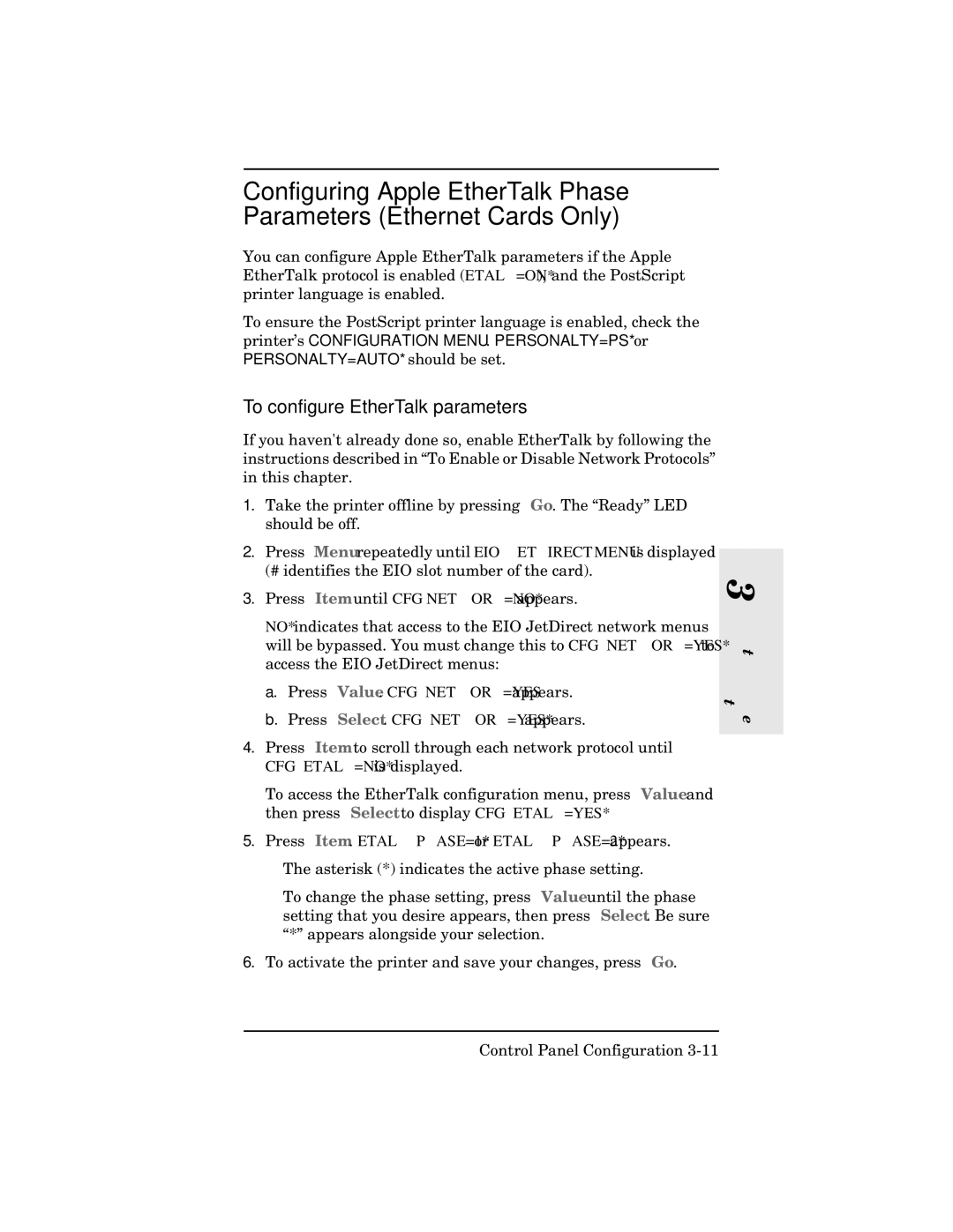 HP 600n Print Server for Fast Ethernet manual To configure EtherTalk parameters, CFG ETALK=NO* is displayed 