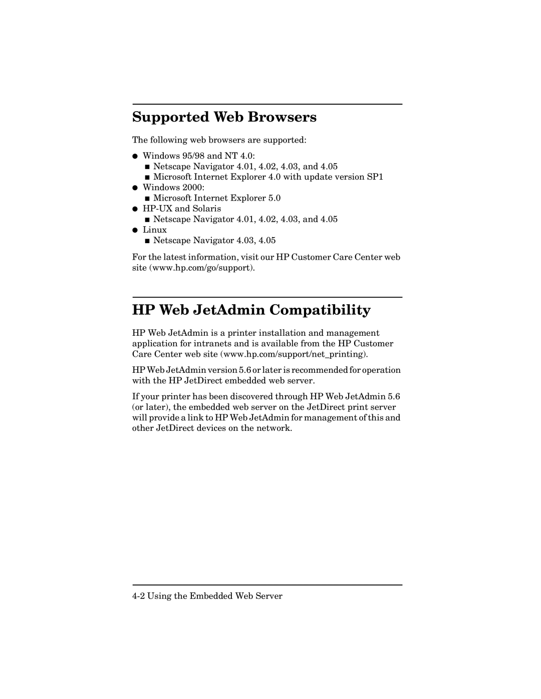 HP 600n Print Server for Token Ring, 600n Print Server for Ethernet Supported Web Browsers, HP Web JetAdmin Compatibility 