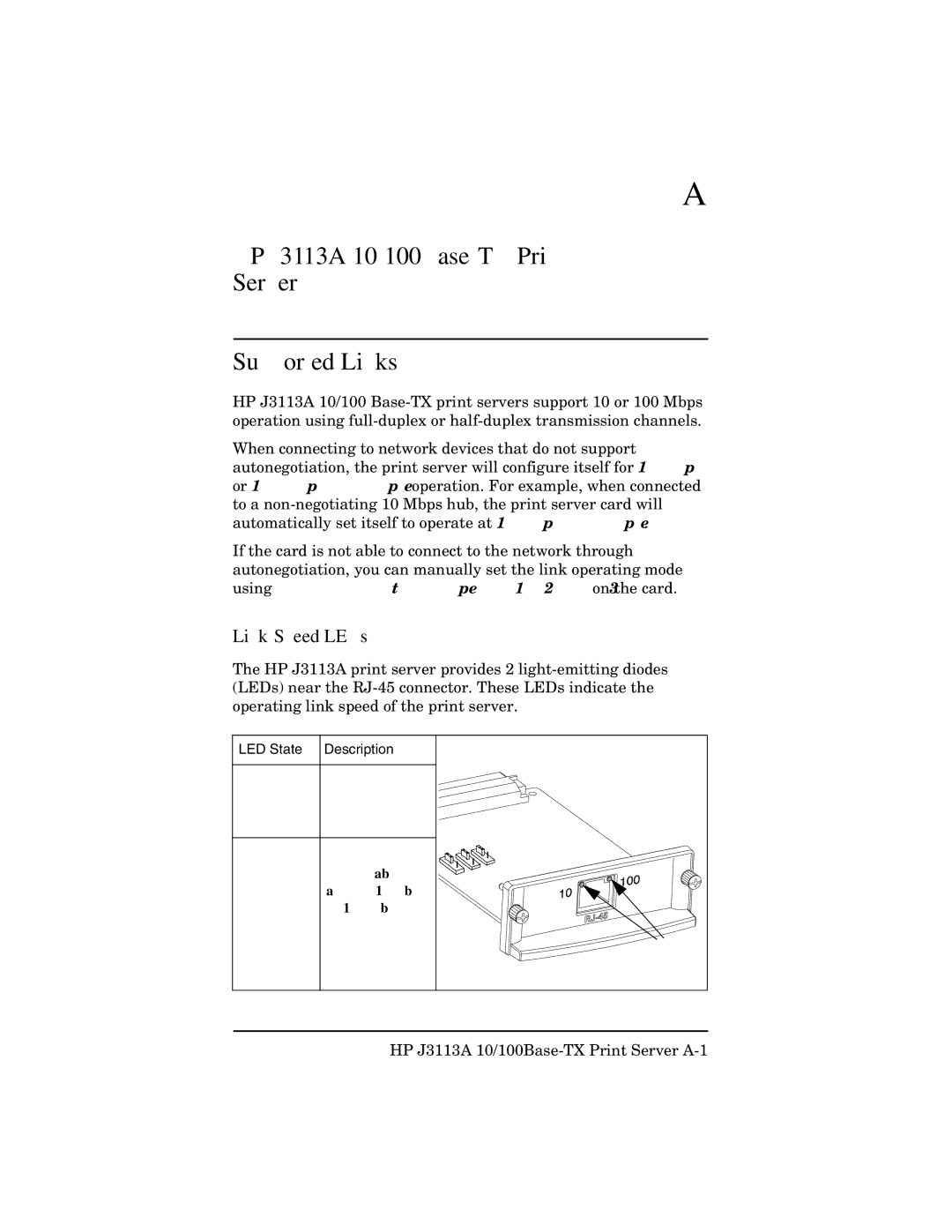 HP 600n Print Server for Ethernet manual HP J3113A 10/100Base-TX Print Server Supported Links, Link-Speed LEDs 
