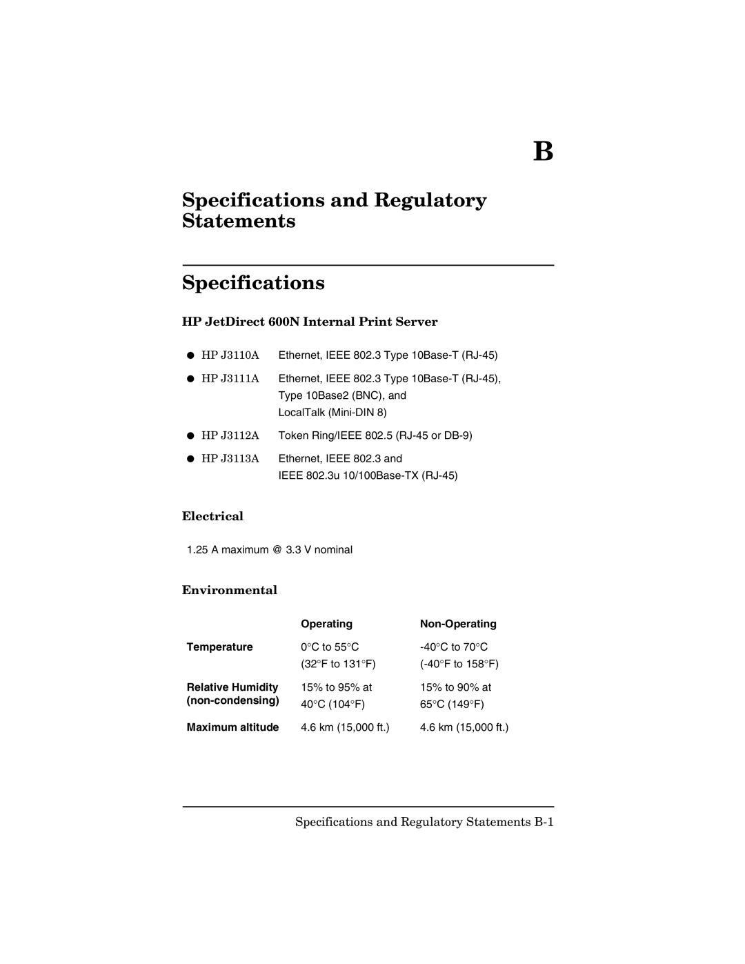 HP 600n Print Server for Ethernet manual Specifications and Regulatory Statements, HP JetDirect 600N Internal Print Server 