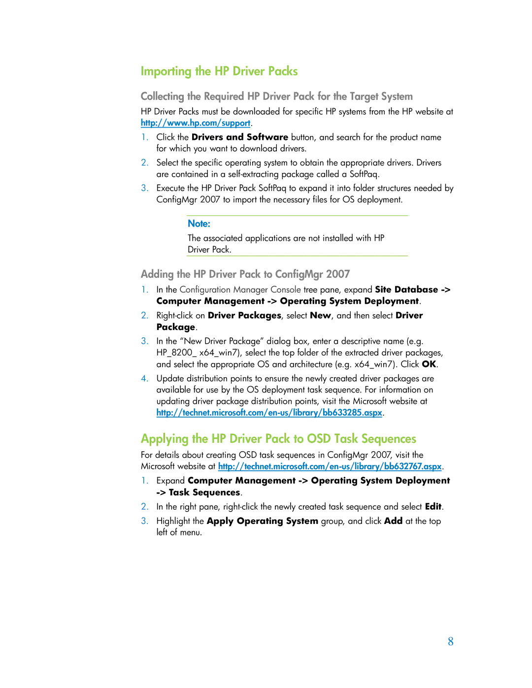 HP 6080 Pro manual Importing the HP Driver Packs, Applying the HP Driver Pack to OSD Task Sequences 