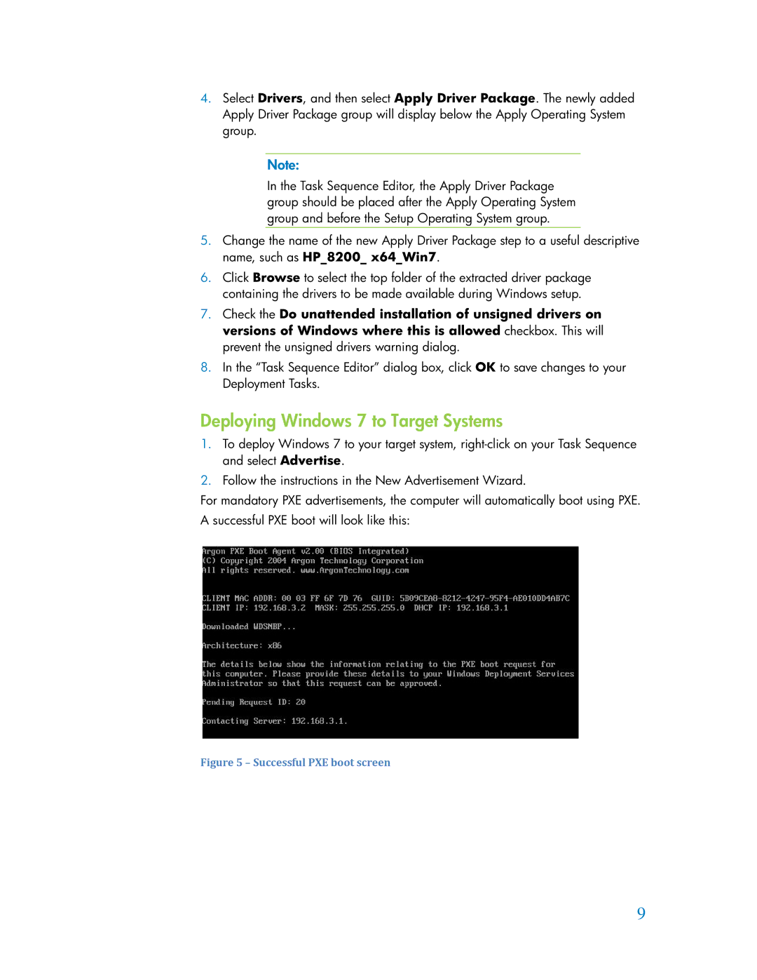 HP 6080 Pro manual Deploying Windows 7 to Target Systems, Successful PXE boot screen 