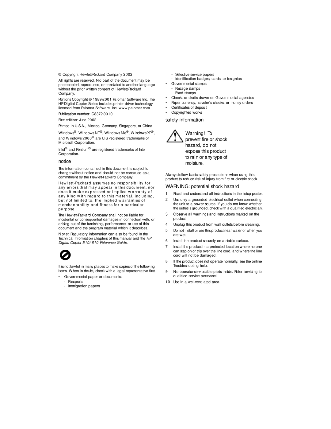 HP 610 Copier manual Safety information 