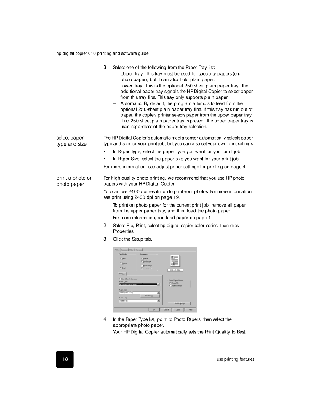 HP 610 Copier manual Select paper type and size Print a photo on photo paper 