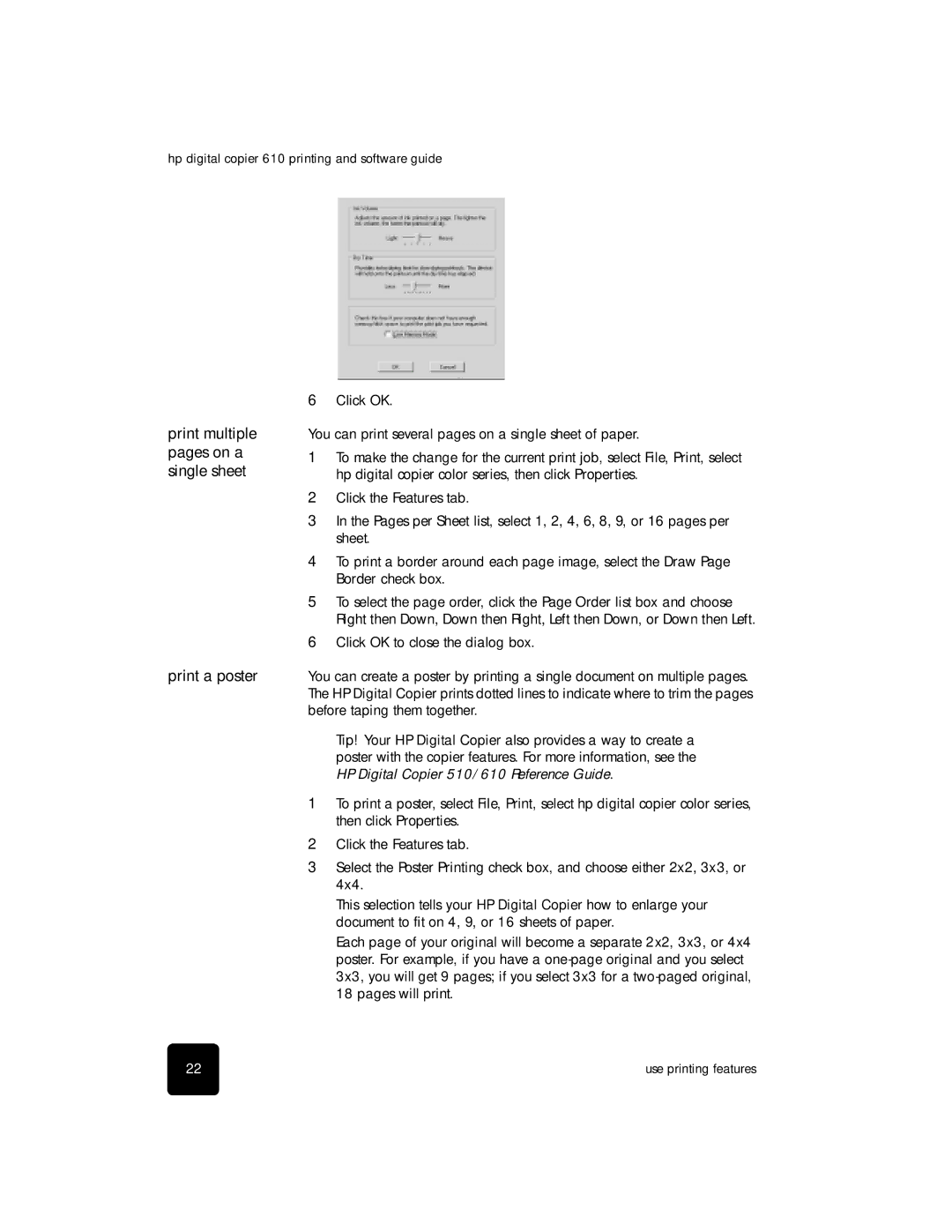 HP 610 Copier manual Print multiple pages on a single sheet Print a poster 