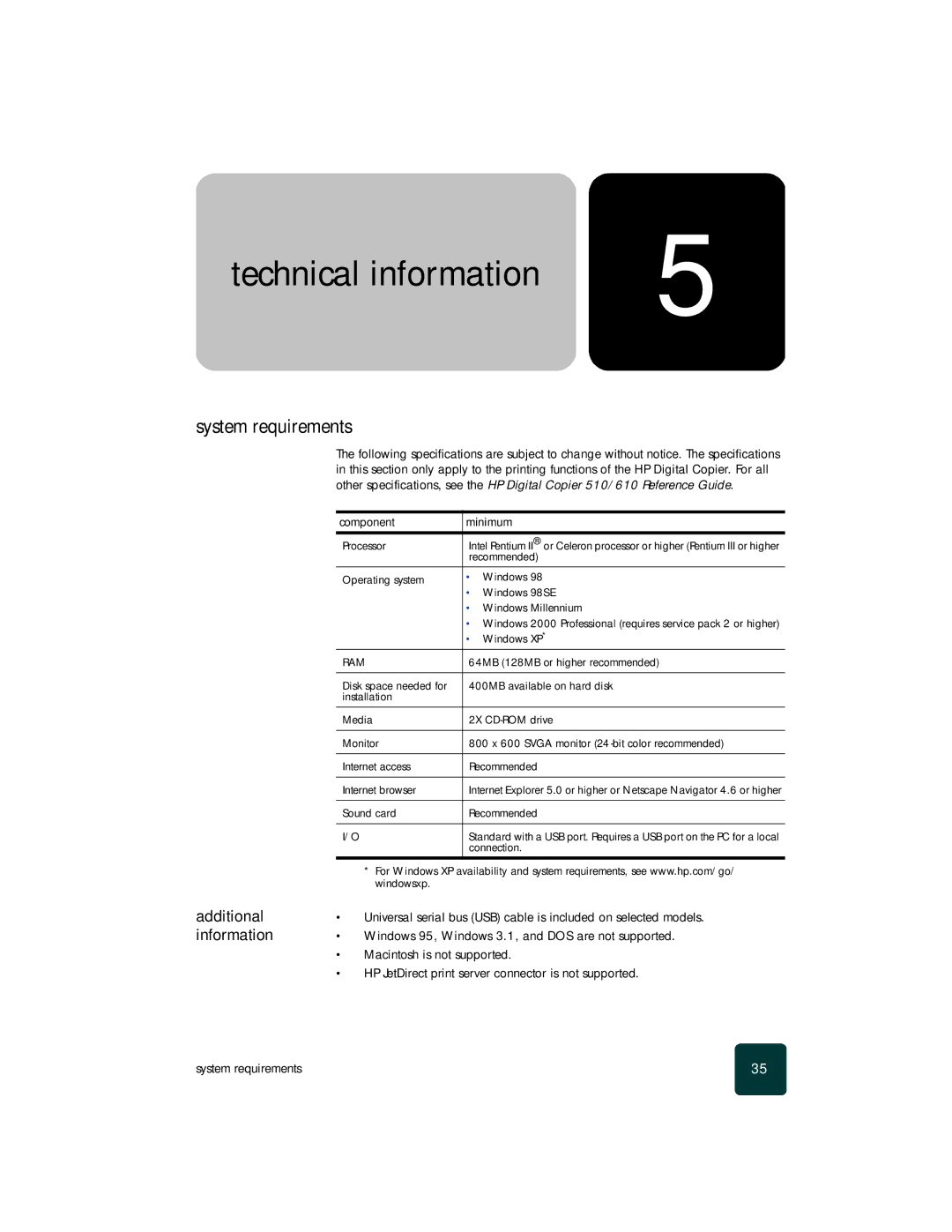 HP 610 Copier manual System requirements, Additional, Information 